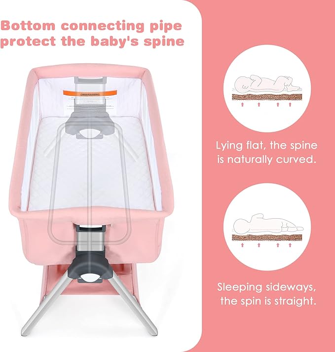 INFANS Baby Bassinet Bedside Crib, Newborn Sleeper w/Large Storage Basket, Adjustable Heights, Detachable &Washable Mattress, Breathable Mesh, Straps, Easy Moving Bed Side (Pink)