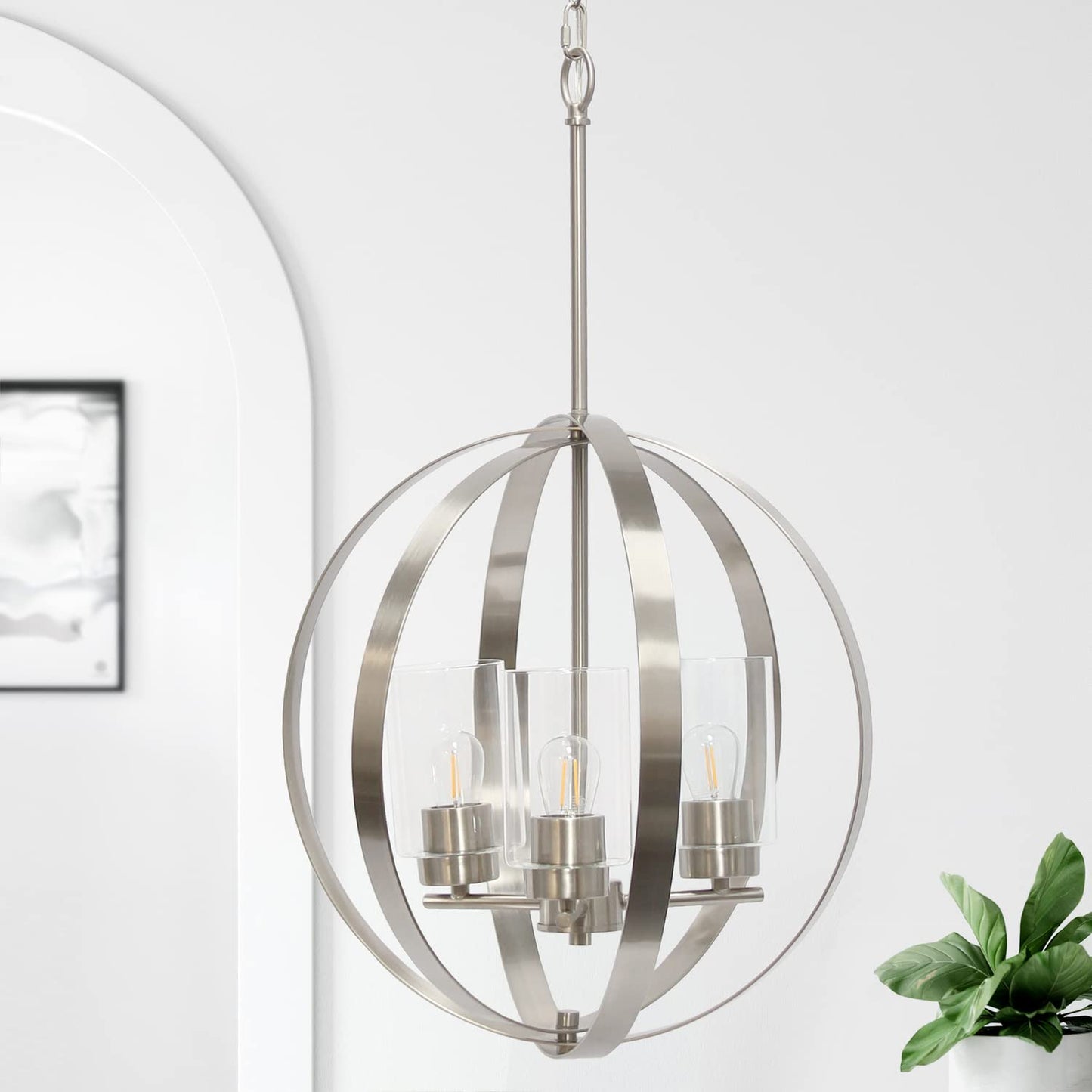 Elegant Designs 3-Light Pendant Ceiling Light, Brushed Nickel, 18in x 18in x 28.5in, Metal and Glass, Model PT1021-BSN