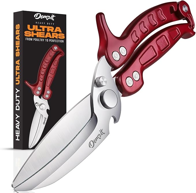 Poultry Shears, Kitchen Shears Heavy Duty for Food With Anti-Slip Handle & Safety Lock, Meat Scissors, Chicken, Lobster, Quail, Fish, Food Cutting Scissors, Bone Cutter (Ultra shears Red)