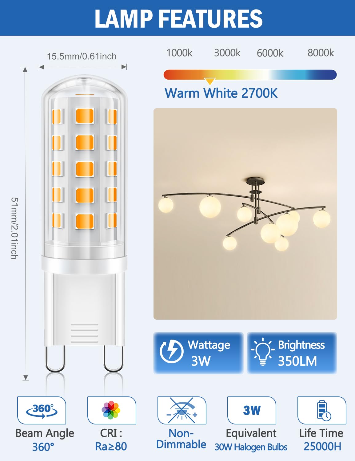Brvhozx G9 Led Bulb Warm White  4W  450Lm  3000K  Equivalent To 40W Halogen  No Flicker  Non-Dimmable  360Beam Angle  Ac 110-130V  Bi-Pin Ceramic Base G9 Led Light Bulbs For Home Lighting-6Pcs