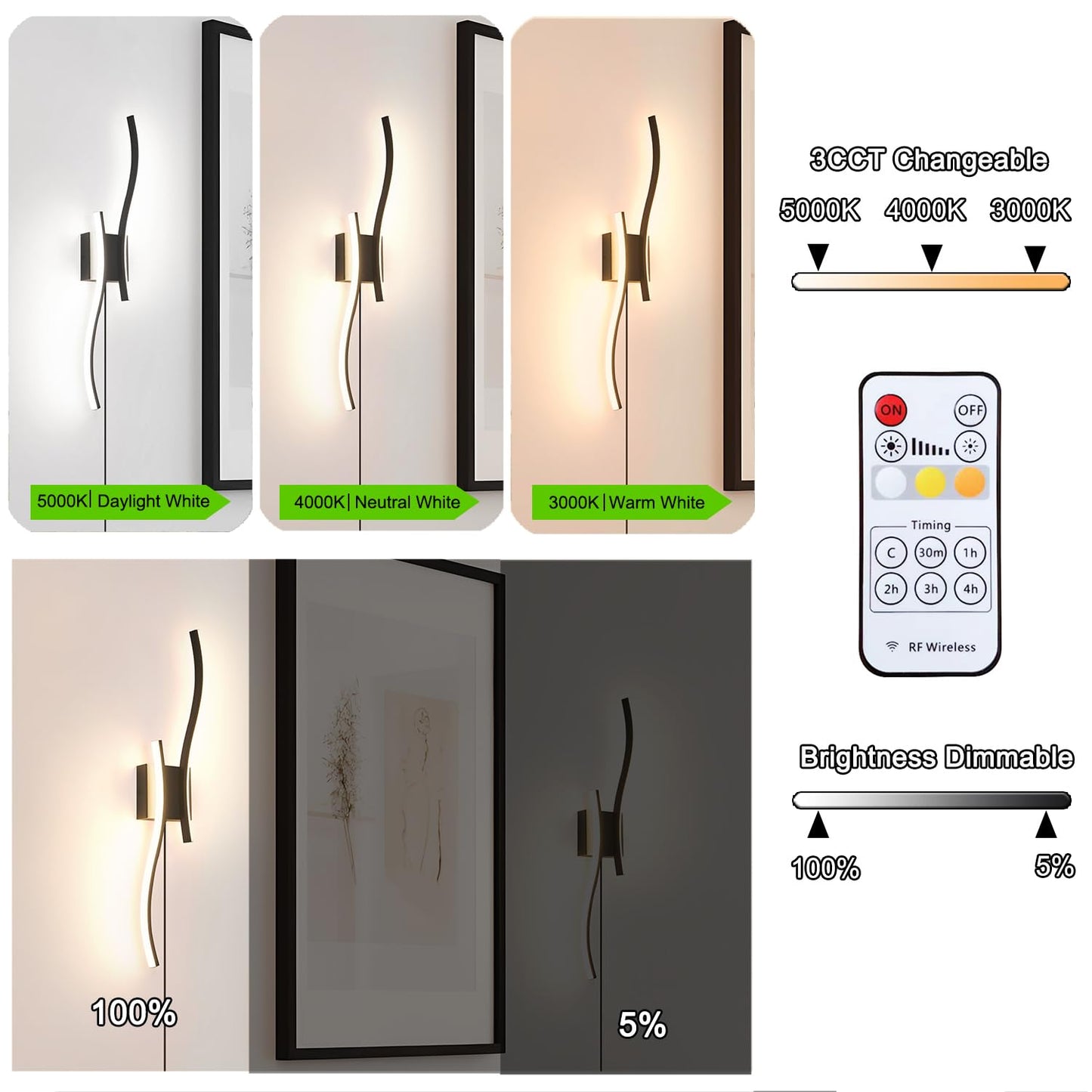 Daunton Modern Plug In Wall Sconce Set Of 2  Black Dimmable Led Wall Light With Remote Control  3Cct Adjustable & Memory Function  Timer  Plug In Cord Wall Lamp For Tv Wall Living Room Hallway Bedroom