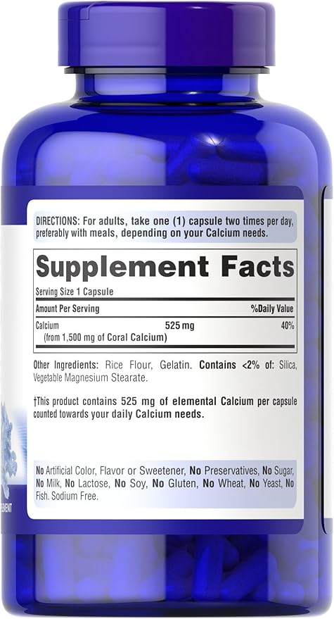 Puritan's Pride Triple Strength Coral Calcium 1500mg with Bone-Active, Dietary Supplement for Bone Density and Strength, Heart, Nerve, and Muscle Support, 2 Month Supply, 120 Rapid Release Capsules