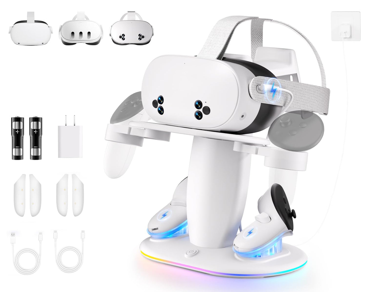 Saqico Fast Charging Dock for Meta Quest 3/3s/2 vr Headset and Magnetic Charger for Controllers Simultaneously, RGB Charging Station & Display Stand with Rechargeable Batteries 2pcs and UL AC Adapter
