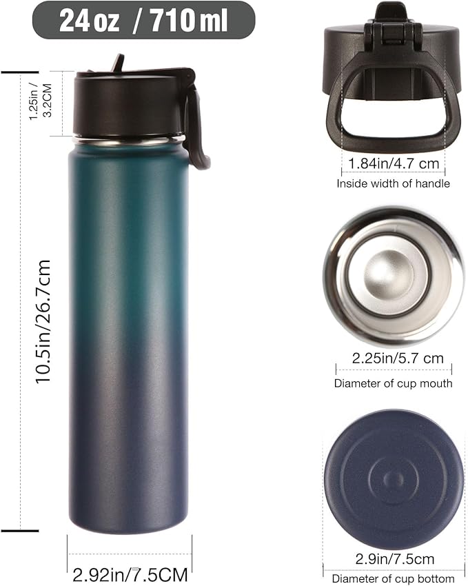 Volhoply 24oz Insulated Water Bottle With Straw Bulk 6 Pack,Metal Wide Mouth Water Bottles With Handle Keep Cold,Reusable Double Wall Thermos,Powder Coated Sport Bottle For Holder(Assorted,6 Count)