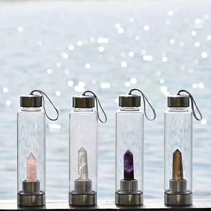Crystal Glass Water Bottle Energy Quartz Gemstone Water Bottle with Changeable Natural Crystal Center for Healing and Wellness