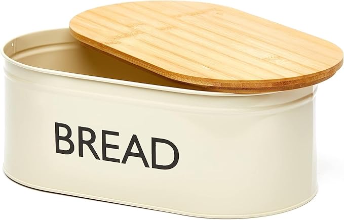 RoyalHouse Premium Metal Bread Box with Bamboo Lid, Stainless Steel Large Bread Bin Storage Container And Organizer for Kitchen Countertop, Vintage Style Kitchen Decor
