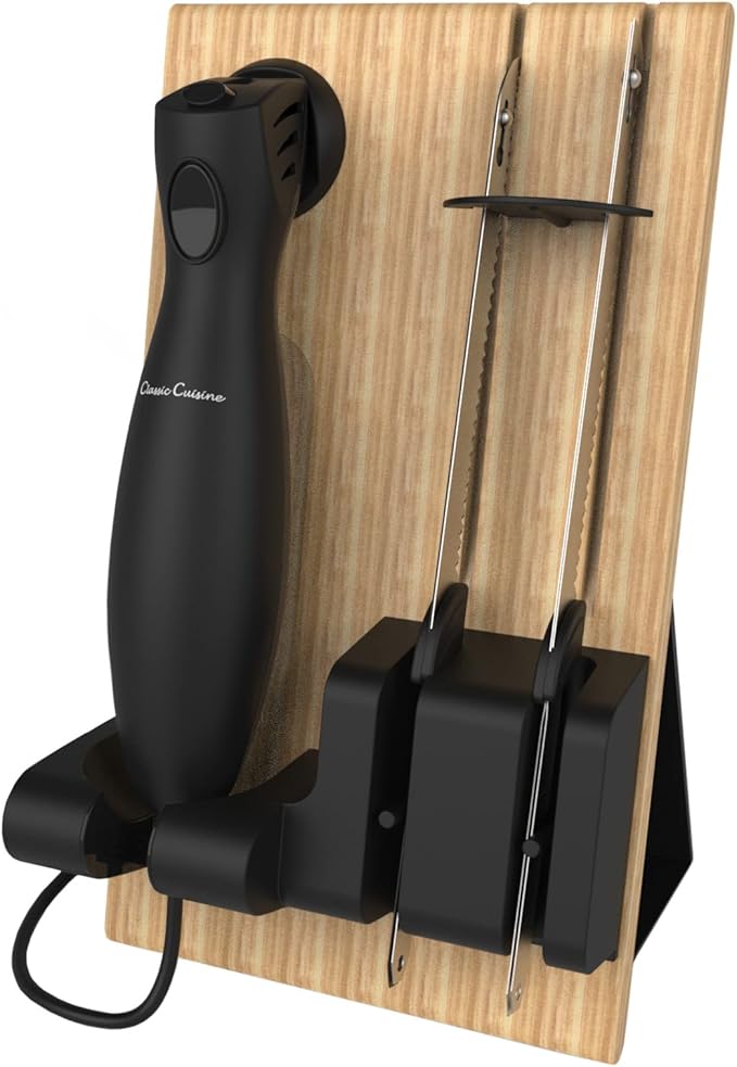 Electric Carving Knife Set with 2 Stainless Steel Blades, Comfort Grip Handle and Wood Storage Block For Slicing Bread, Meat, Etc By Classic Cuisine, Silver