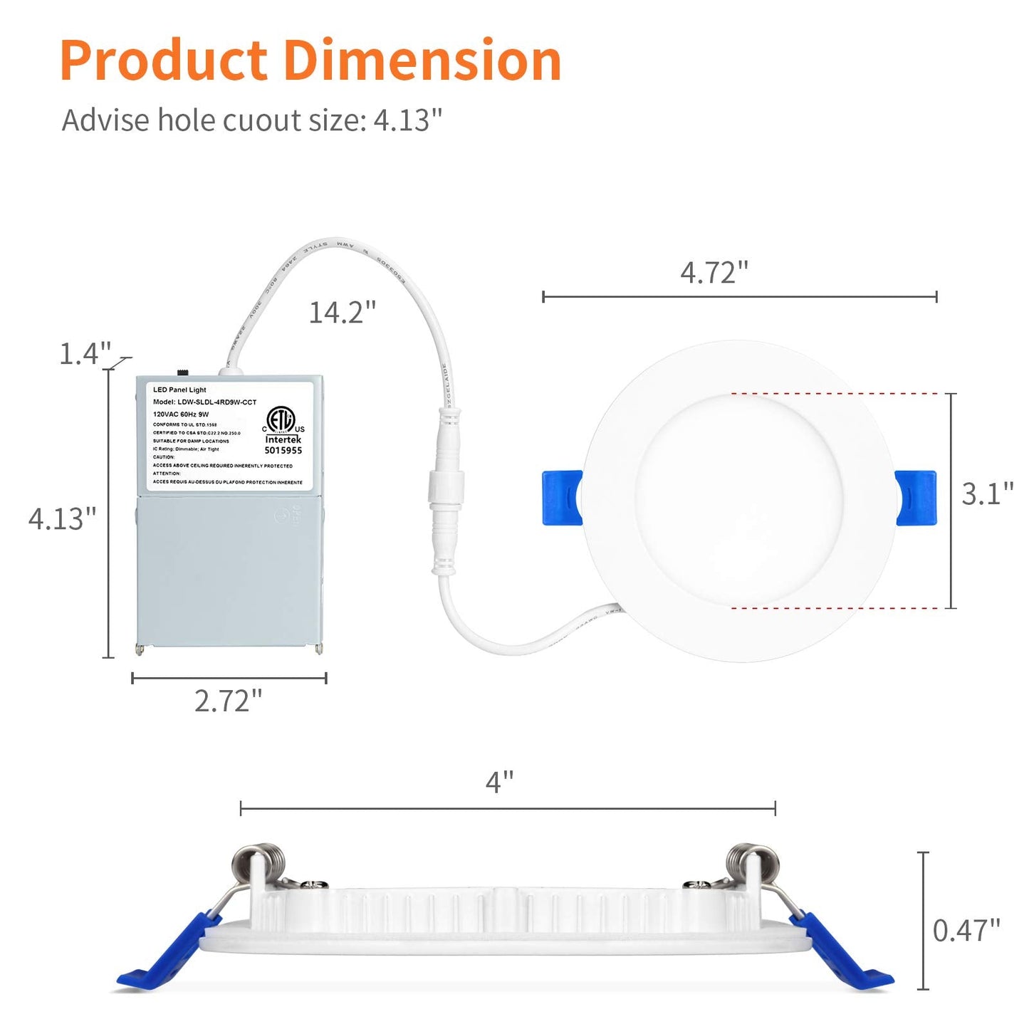 Meconard 4 Inch LED Recessed Ceiling Light, 9W Dimmable, 5CCT Selectable, ETL Listed, Model MGD-LRC-9X-ET