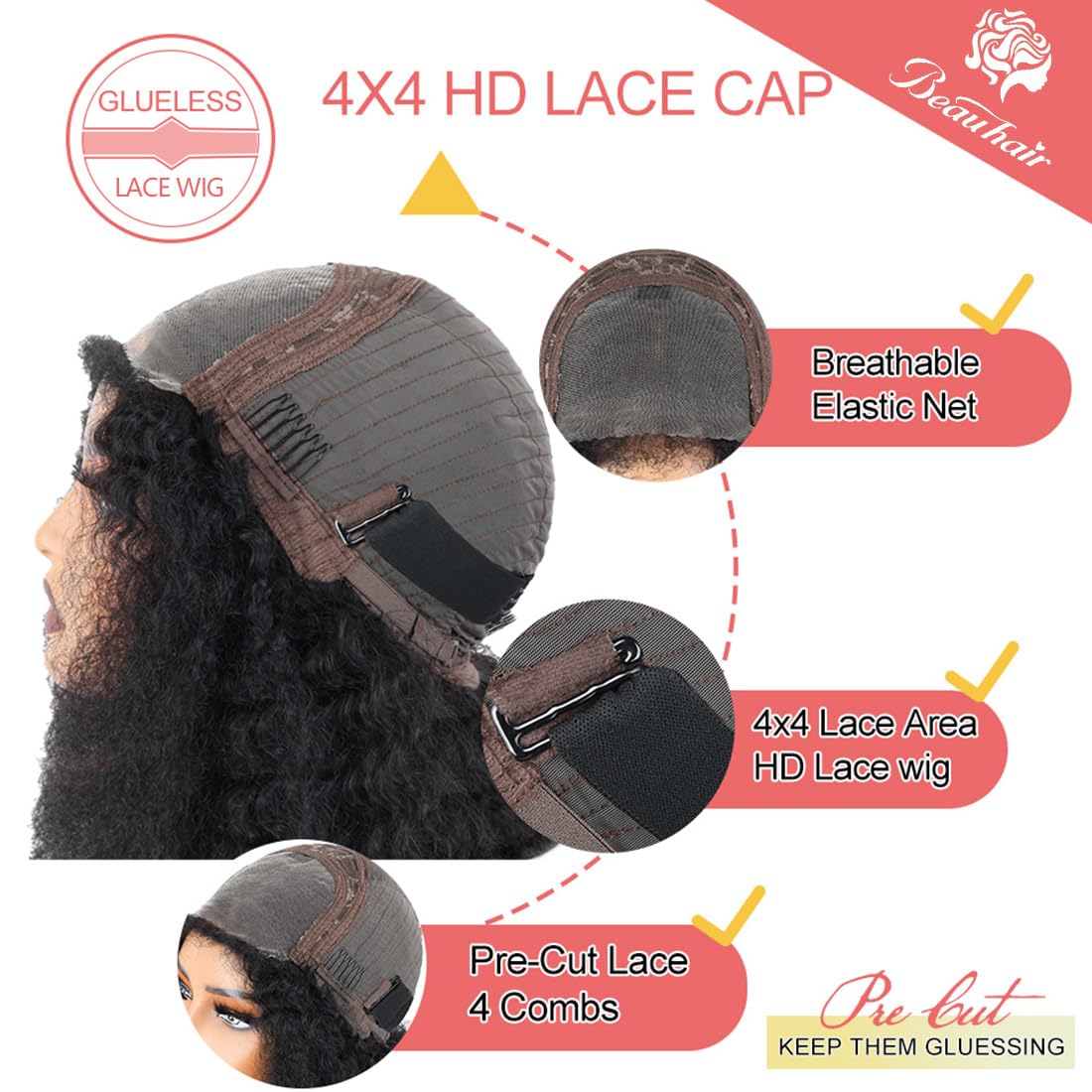Beauhair Afro Curly Wig Human Hair Glueless Wear and Go Wig with 4C Edges Natural Curls Lace Closure Made Ready to Wear Beginner