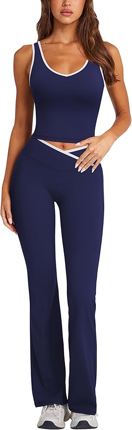 RXRXCOCO Women 2 Piece Workout Sets Flare Leggings Scrunch Butt Lifting Crop Tank Matching Set Colorblock Gym Yoga Outfits