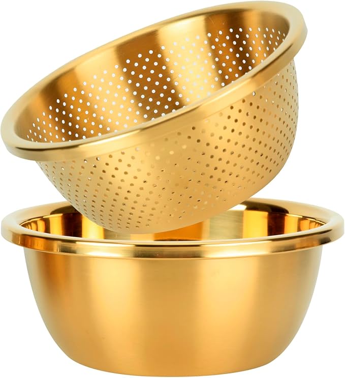 Snailhouse Colander with Mixing Bowl, 2QT 304 Stainless Steel Kitchen Rice Pasta Strainer for Washing Vegetables and Fruit, Gold