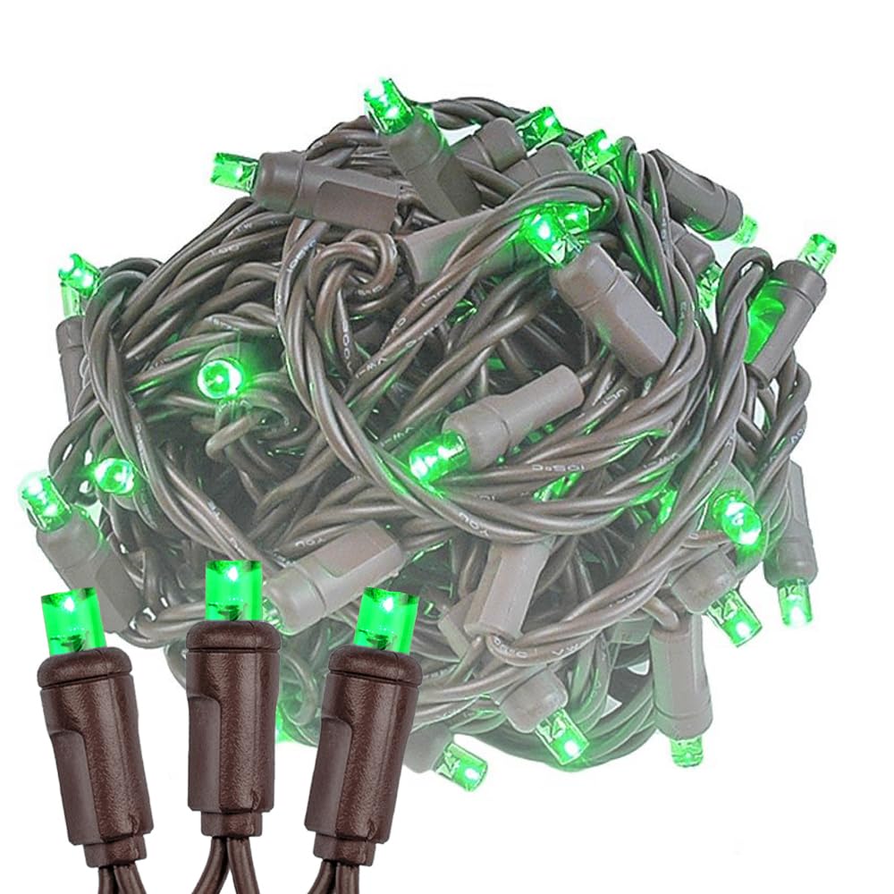 Novelty Lights 50 Led Mini Light Set, 25Ft Brown Wire, Outdoor Christmas Lights, Green, Model Mrd-25B-2