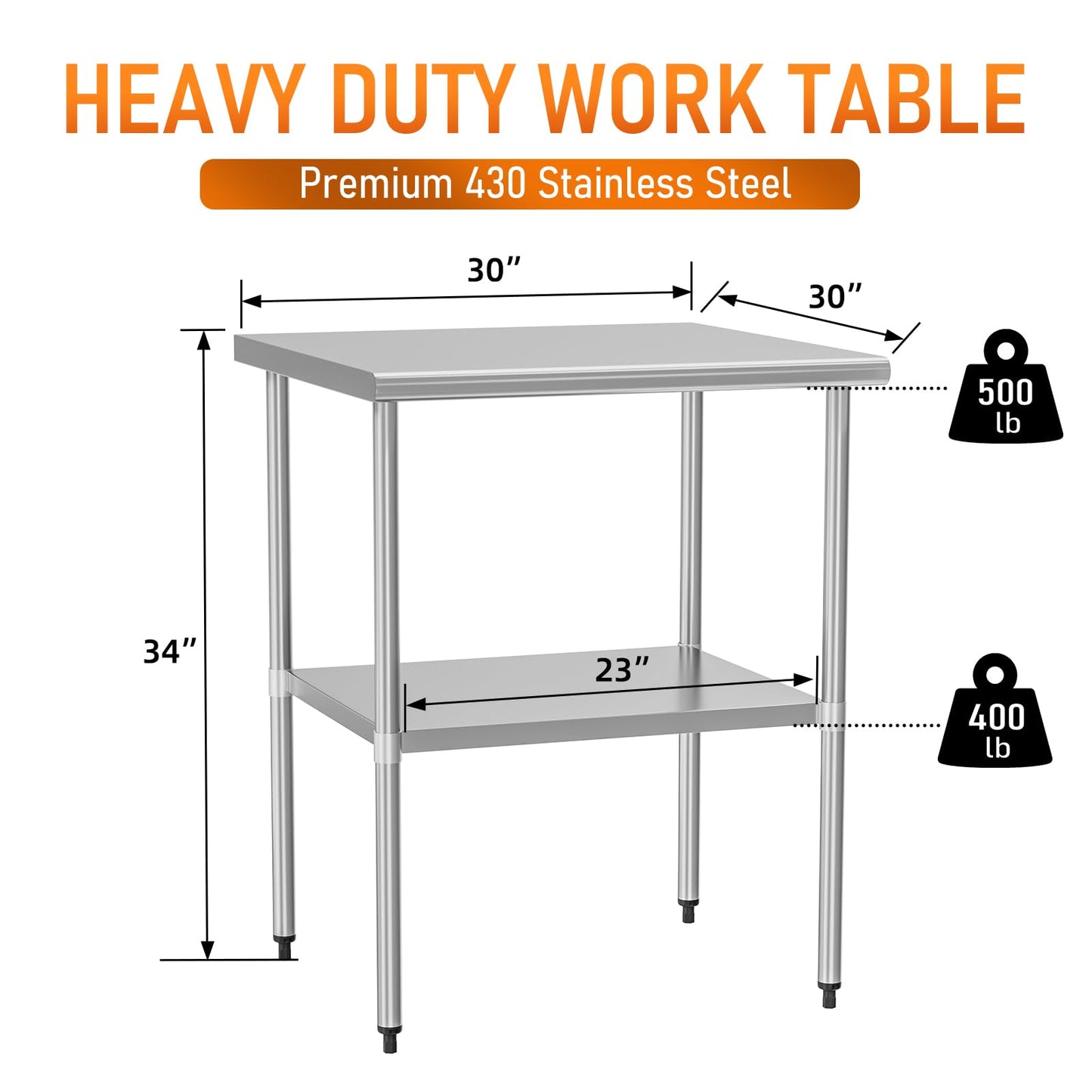 HOCCOT Stainless Steel Table for Prep & Work 30" X 30" inches with Adjustable Undershelf, Commercial Workstations, Utility Table in Kitchen Garage Outdoor BBQ