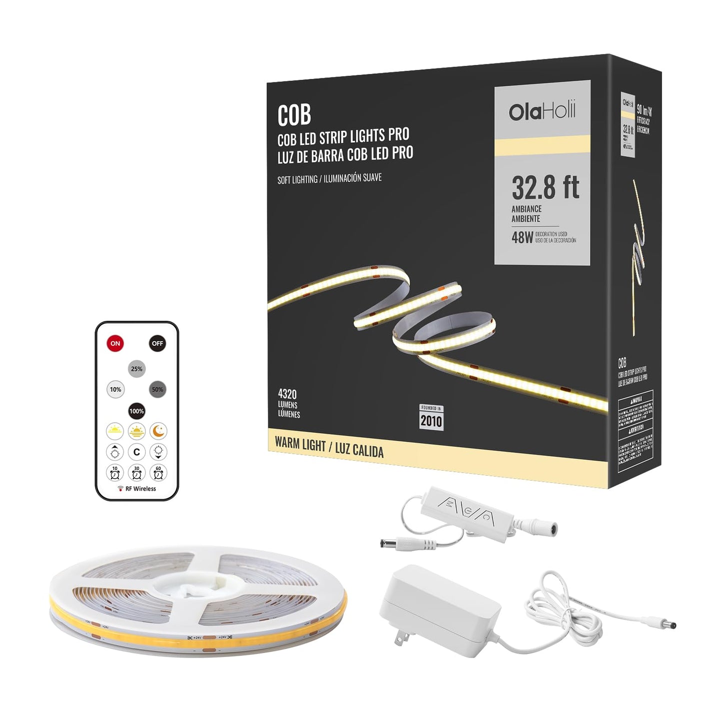 Olaholii 32.8ft COB Led Strip Light with Remote, 3000K Ra93+ Dimmable Bright Warm White Led COB Strip Light, White Continuous Led Strip Light for Mirror, Stair, Cabinet, Room