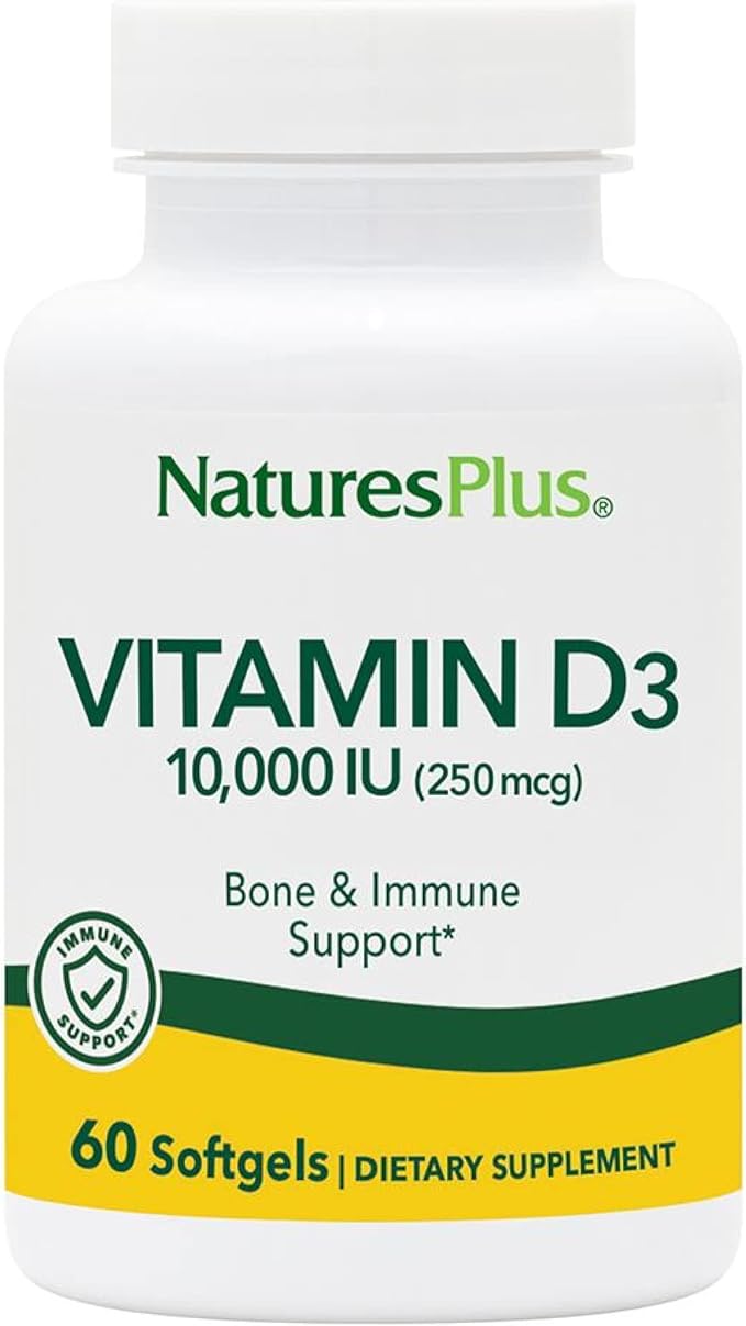 NaturesPlus Vitamin D3 (Cholecalciferol) - 10,000 iu, 60 Softgels - Maximum Potency for Healthy Bones & Teeth - Heart Health & Immune System Support - Total Body Health - Gluten-Free - 60 Servings