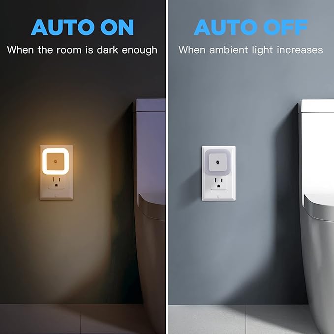Dimmable LED Night Light with Dusk-to-Dawn Sensor for Nursery, Kids Room, Bedroom, Hallway, Stairs, Bathroom, Kitchen, Warm White, Pack of 4