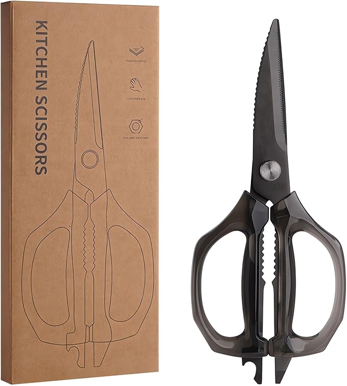 Jasni Transparent Handle Stainless Steel Sharp Powerful Kitchen Scissors Multi-Purpose Heavy Duty Food Scissors Kitchen Shears Chicken Poultry bone fish scales (Black handle black blade)