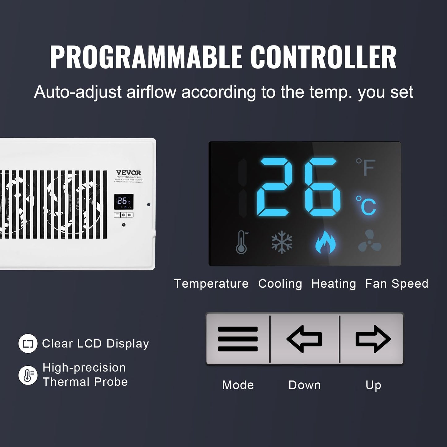 Vevor Register Booster Fan, Quiet Vent Booster Fan Fits 6 X 10 Inch Holes, With Remote Control And Thermostat Control, Adjustabl