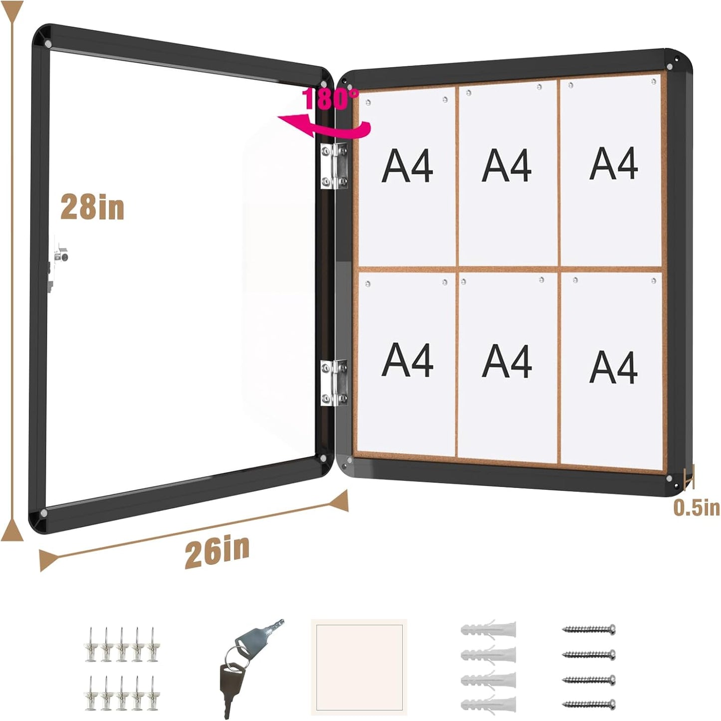 28"x26" Enclosed Bulletin Board, Lockable Weather-Resistant Aluminum Cork Noticeboard for School & Office, Black Frame w/Cork