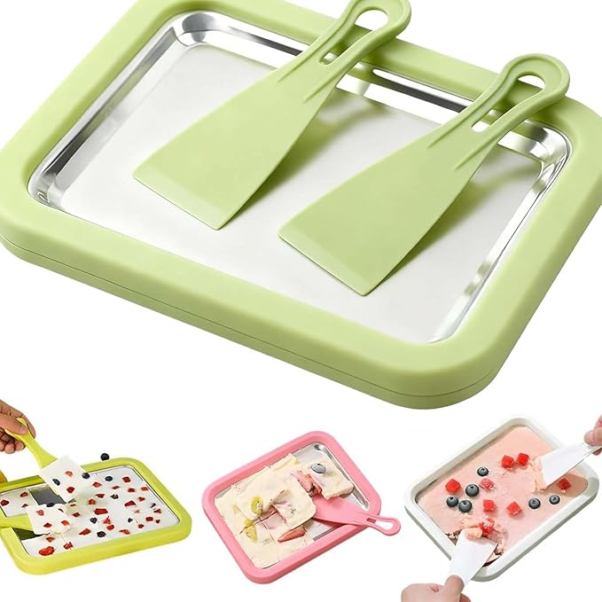 Rolled Ice Cream Maker Kit, 2026 New At-Home Stainless Steel Instant Freeze Plate with 2 Scrapers, DIY Rolled Ice Cream Tray, Perfect for Family Fun, Easy Homemade Desserts (Green A)