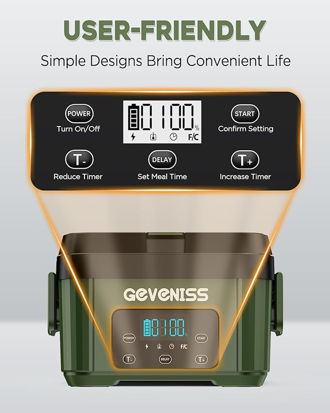 Cordless Electric Lunch Box for Adults – Battery-Powered Heated Lunch Box Food Warmer with 1.1L Stainless Steel Container, Timer Function, Leakproof, Portable for Work, Travel, Office