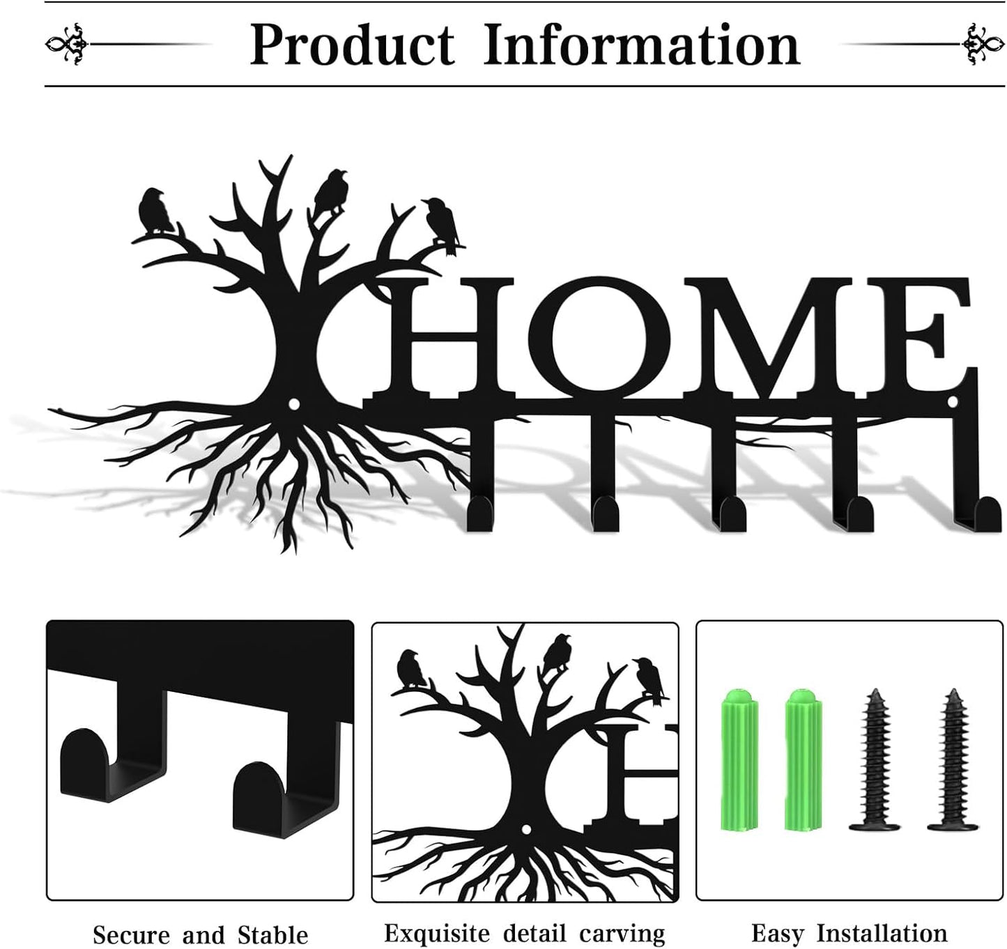 Metal Key Holder for Wall,Home Trees Theme Key Hooks Wall Mount Whith 5 Hooks,Black Metal Key Hanger Wall Decor for Front Door,Hallway,Entryway,Office