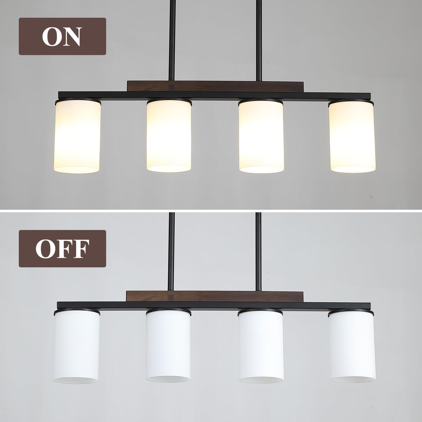 Mecgirn Farmhouse Dining Room Light Fixtures Over Table  Black Pendant Lights For Kitchen Island With Milk Glass Shade  4 Light Linear Chandelier Lighting With Wood