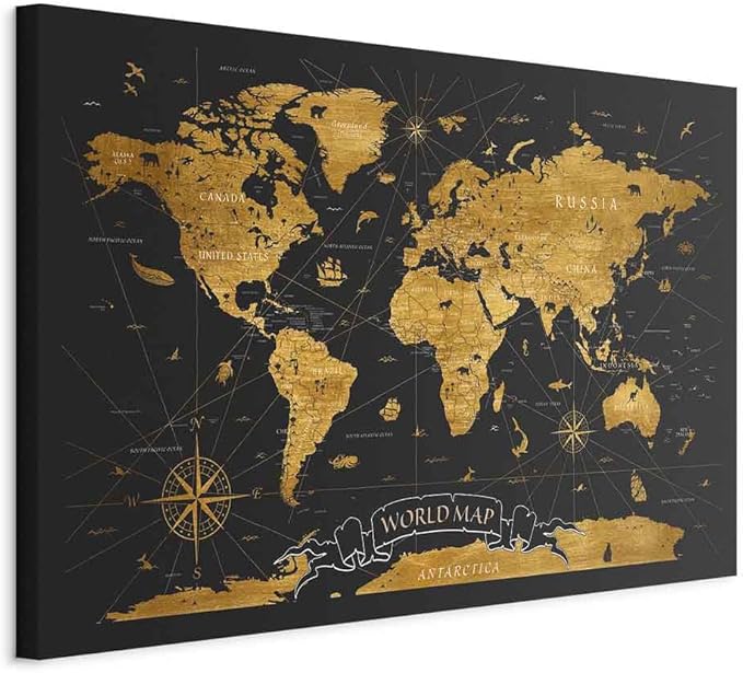 artgeist Canvas Wall Art Print World Map 35x24 in - 1pcs Home Decor Framed Stretched Picture Photo Painting Artwork Modern Art Image World Map Black Continents k-A-0490-b-a