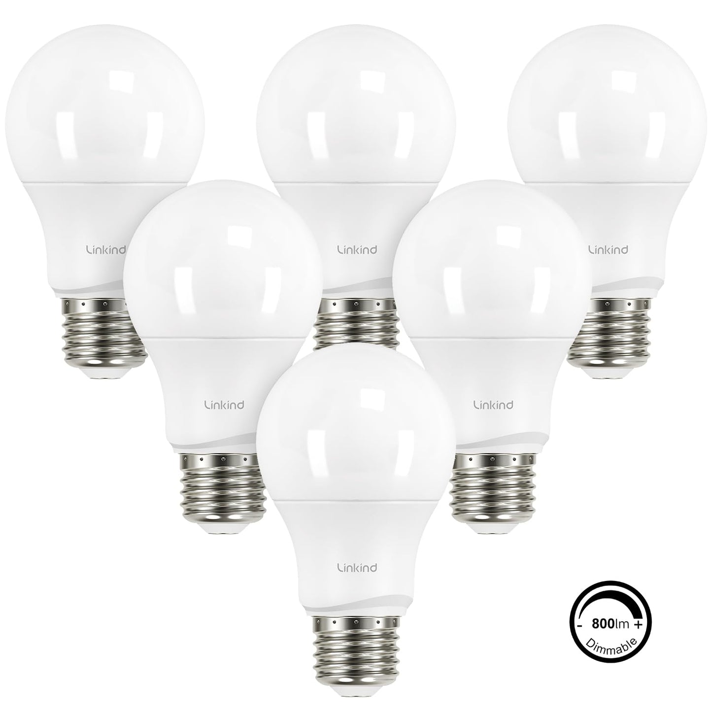 Linkind Dimmable A19 LED Light Bulbs, 60W Equivalent, 800 Lumens, 5000K Daylight, E26 Base, Pack of 6