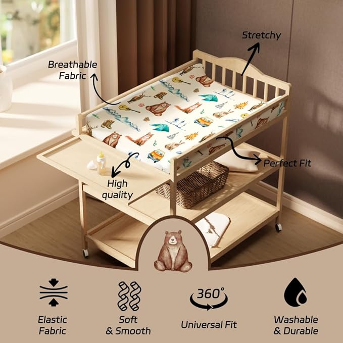 4 Pack Changing Pad Covers Woodland Forest Animals Wood Neutral Unisex Fitted Baby Changing Pad Cover Set for Baby Boys or Girls