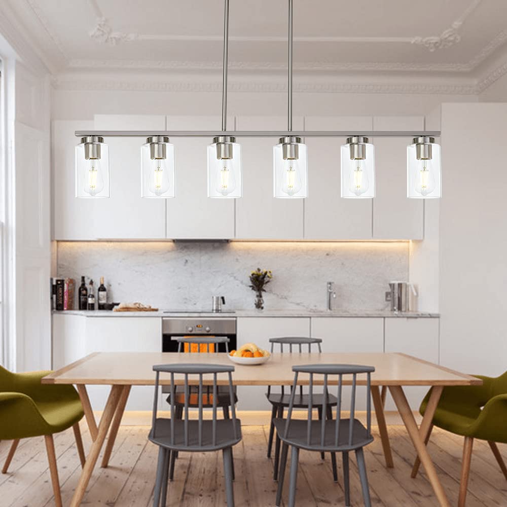 Todoluz 6-Light Kitchen Island Lighting With Clear Glass Shades  Modern Linear Pendant Light Fixture For Dining Room Pool Table  Brushed Nickel Finish