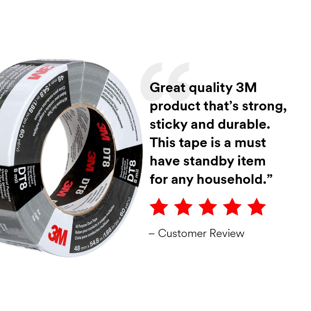 3M Duct Tape DT8, 3 Pack, Industrial Strength, Multi-Use, Silver color tape, 1.88" x 60 yd, Tear by Hand, Professional Grade Adhesive, Perfect for HVAC, Bundling, Moisture Proofing, and Reinforcing