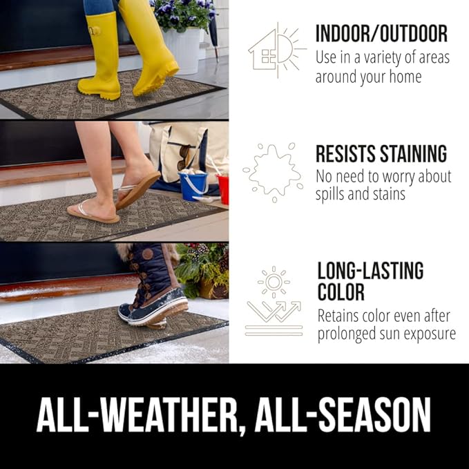 GORILLA GRIP 100% Waterproof All-Season WeatherMax Doormat, 23x35, Durable Natural Rubber, Stain and Fade Resistant, Low Profile, Indoor Outdoor Door Mats, Easy Clean Entrance Mat, Taupe Basket Weave