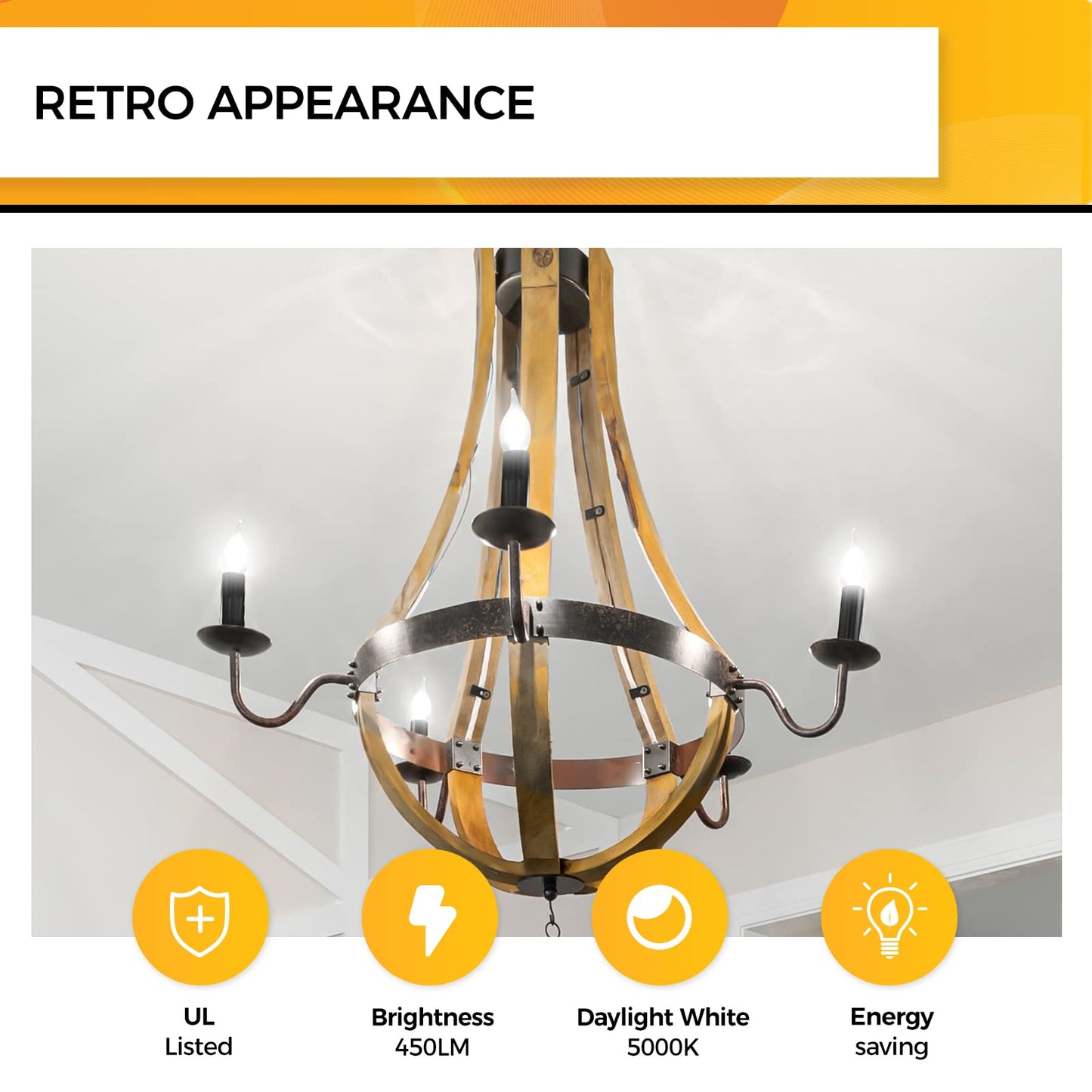 Hizashi Candelabra LED Light Bulbs, E12 40W Dimmable, 450LM, 5000K Daylight White, 12 Pack, Glass, CA10 Flame