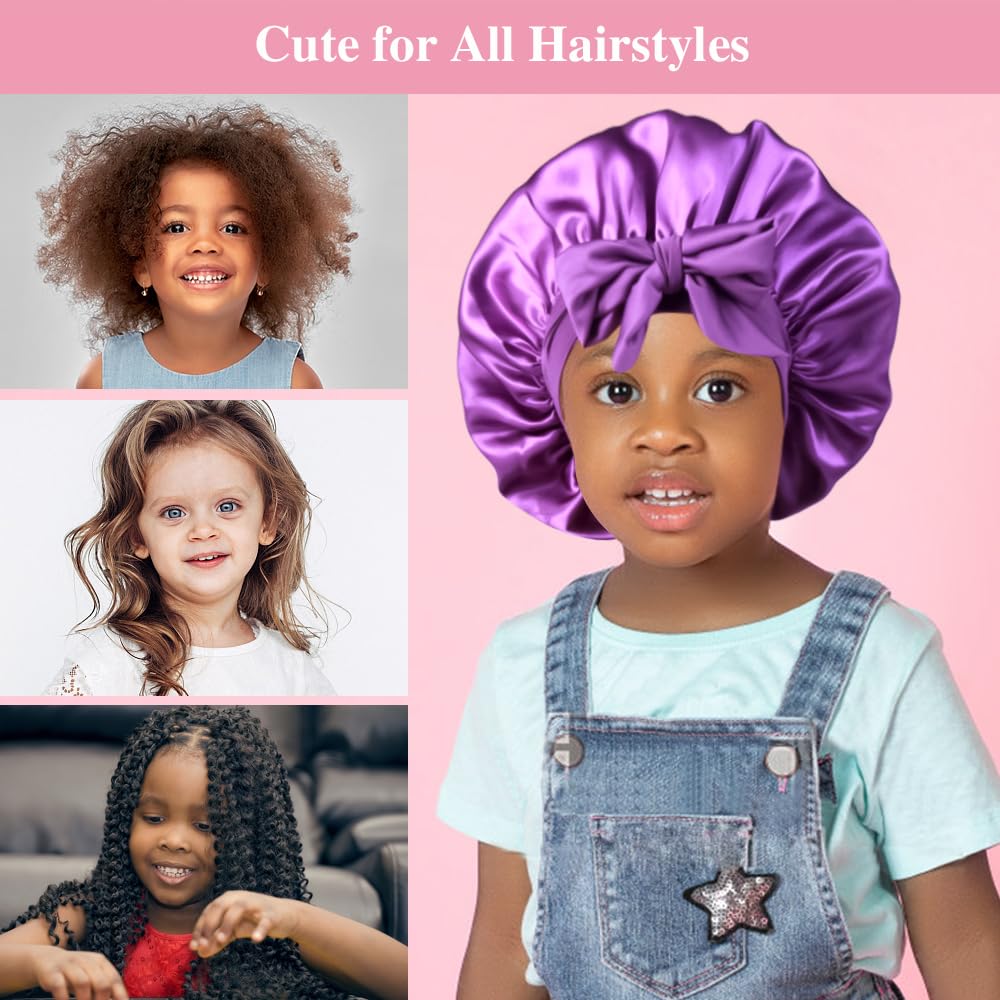 2+2 Satin Bonnets with Scrunchies for Kids, Cute Hair Bonnets for Girls Sleeping Curly Hair, B