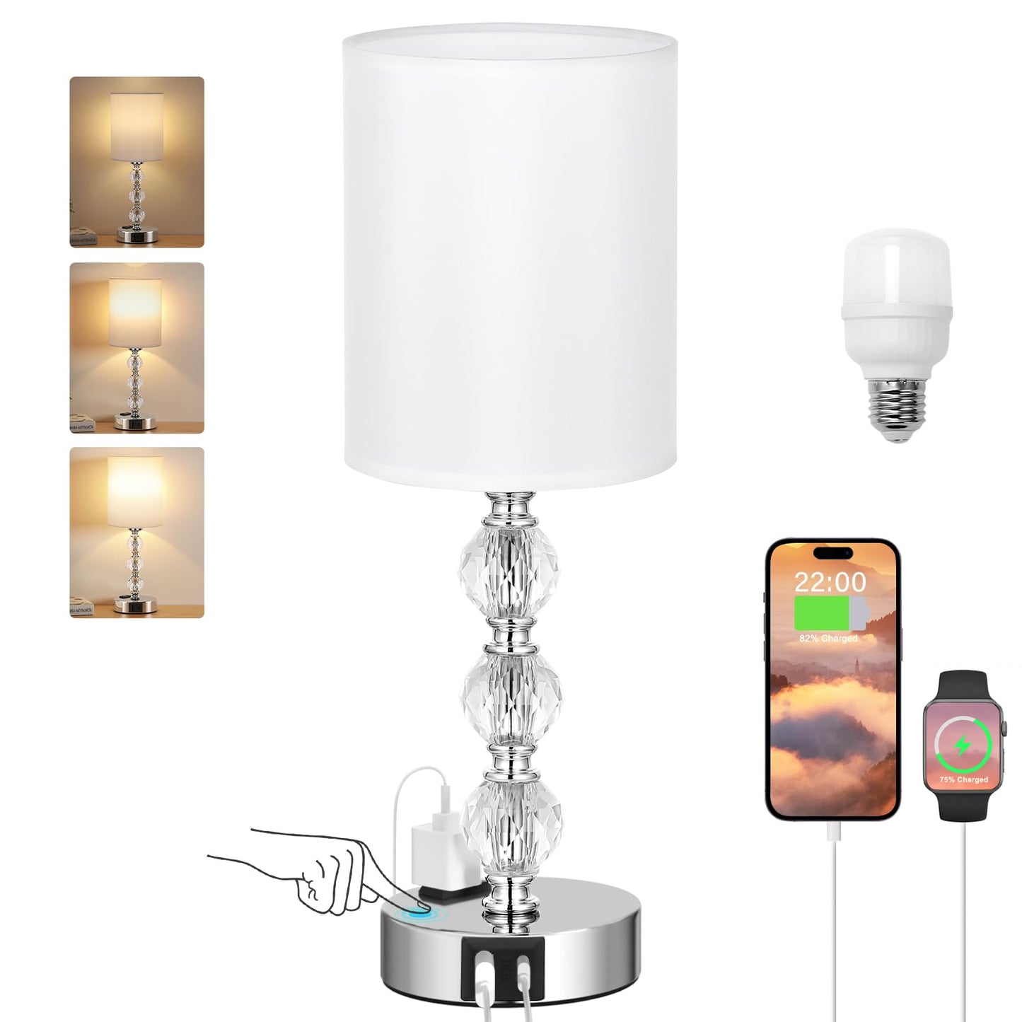 Acaxin Touch Bedside Crystal Lamp With Usb Charging Port, 14.6In, White, 3-Way Dimmable For Bedroom, Living Room, Kitchen