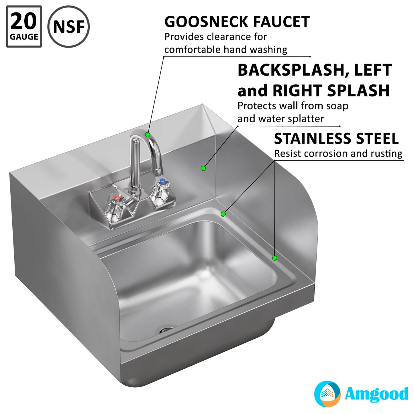 AmGood Stainless Steel Wall Mount Hand Sink with Faucet and Sidesplash 17" x 15" | NSF Commercial Hand Washing Basin For Restaurant, Kitchen and Home | Bowl Size: 10" x 14"