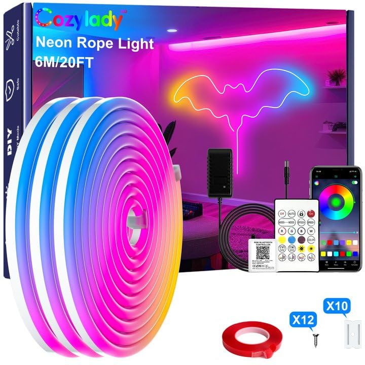 Cozylady RGB Neon LED Rope Lights, Waterproof Bluetooth Music Sync, 15M/50Ft, Multicolor, Model HX-WL3035-24V