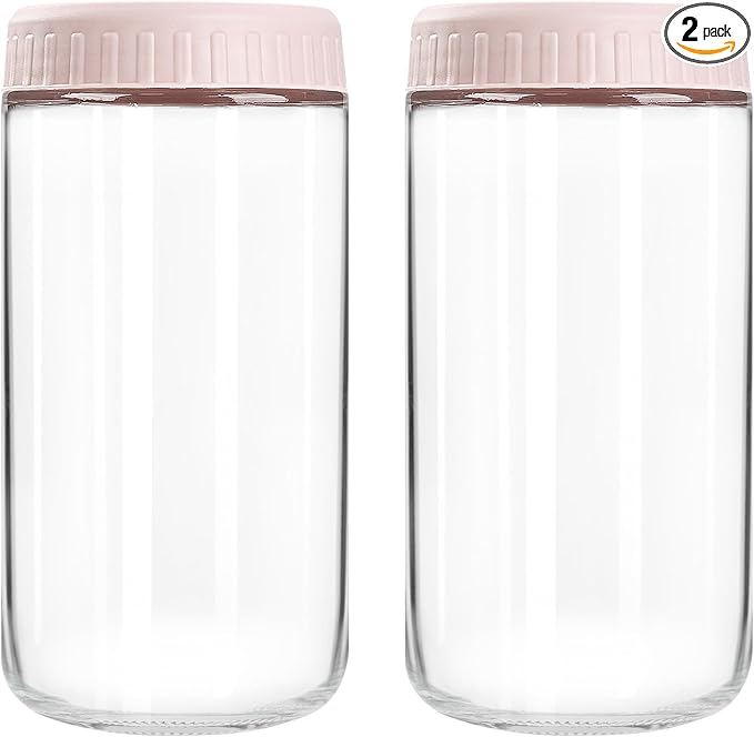 Overnight Oats Containers with Lids, 24oz Glass Jars with Lids 2 pcs, Pink, Wide Mouth Mason jars for Salad, Yogurt, Snacks, Meal Prep