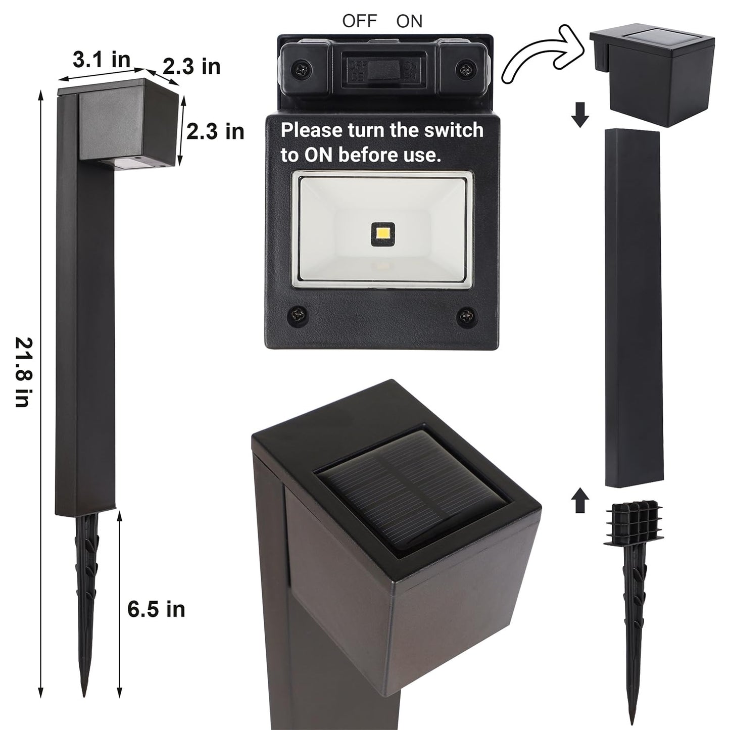 Dynaming Solar Pathway Lights, Waterproof Auto On/Off, 6 Pack, Black, Model DC23551-6, Ideal for Garden and Landscape Decor