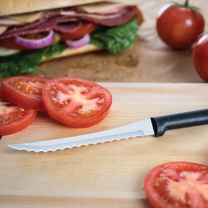 Rada Cutlery Essential Oak Block Set (G258), Stainless Steel Hollow Ground Blades, Made in USA, Black Handles