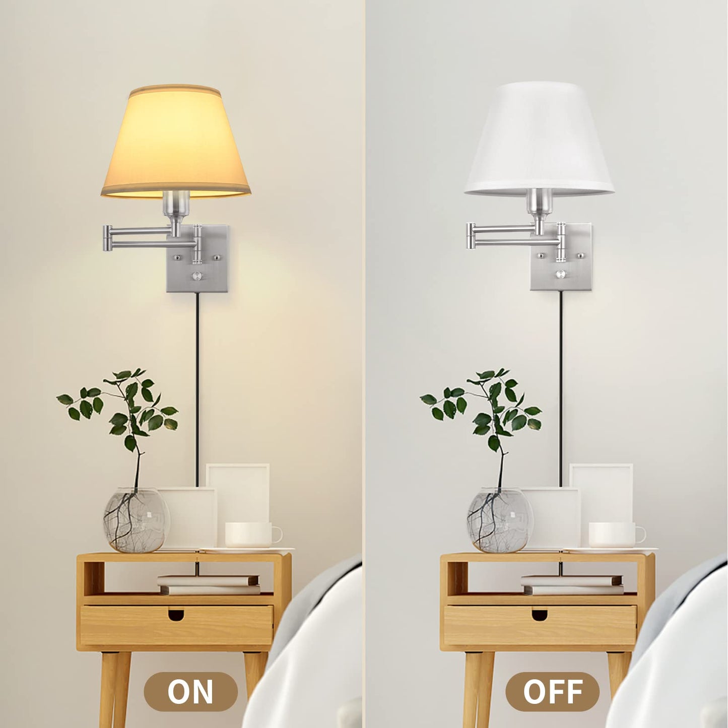 TRLIFE Wall Sconce Set of 2, Dimmable Brushed Nickel Swing Arm Lights, Medium White Fabric Shade, Model BYsconce-M-Whi