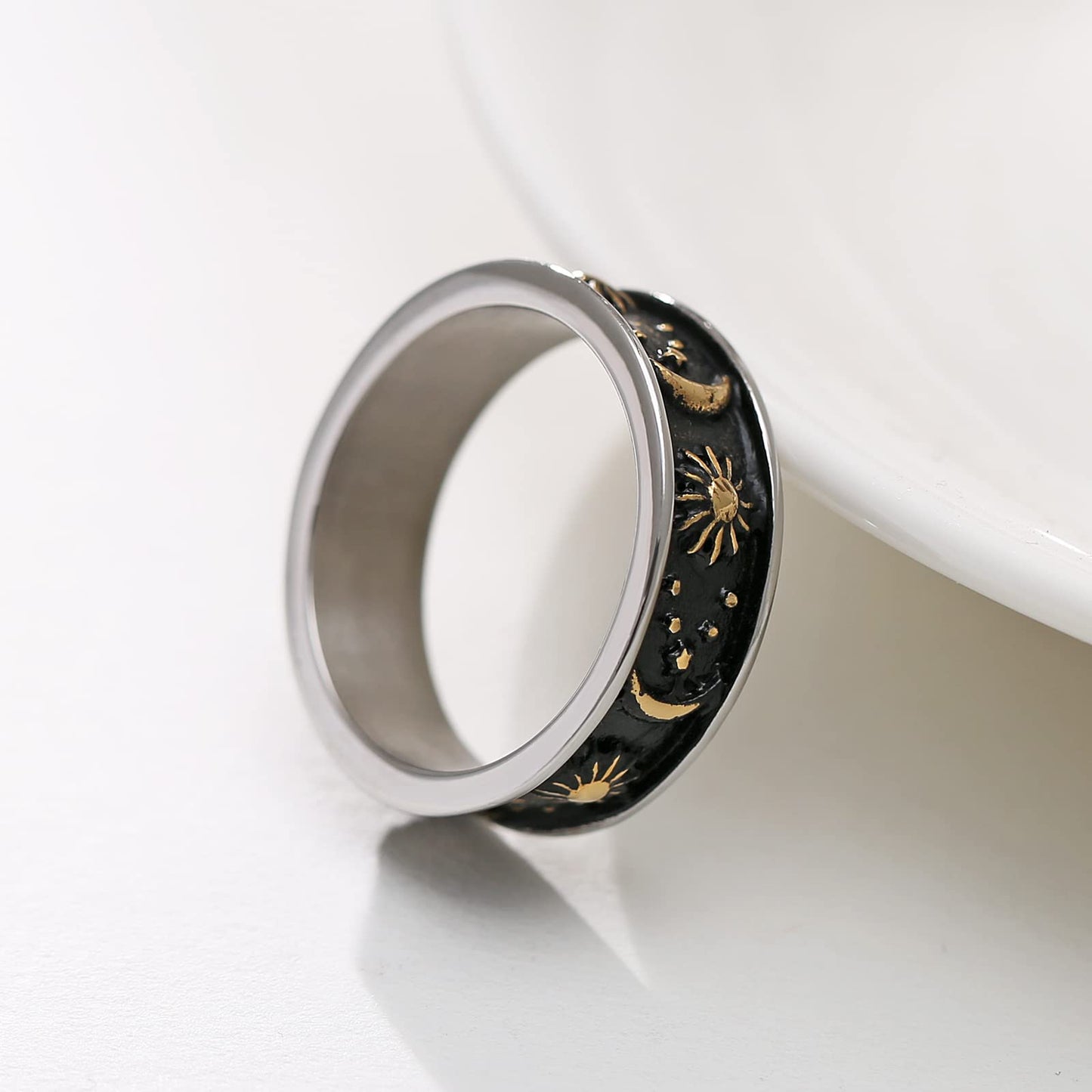HZMAN 8mm Moon Star Sun Statement Ring Stainless Steel Boho Jewelry for Women Men (Silver & Gold, 12)