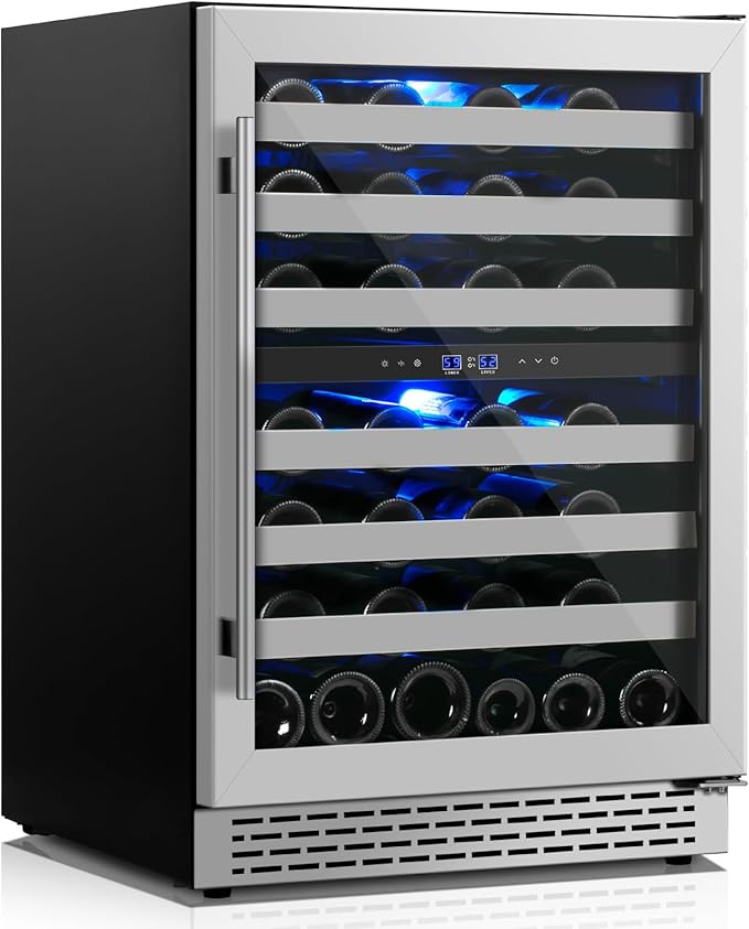 24 Inch Wine Cooler Refrigerator Under Counter,54 Bottle Dual Zone Wine Cooler,New Upgrade Built-in/Freestanding,Seamless Reversible Stainless Steel Door Wine Fridge for Home and Kitchen