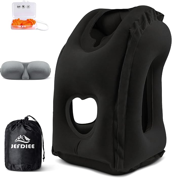 JefDiee Inflatable Travel Pillow, Airplane Neck Pillow Comfortably Supports Head and Chin for Airplanes, Trains, Cars Office Napping on The Tray Table (Black)