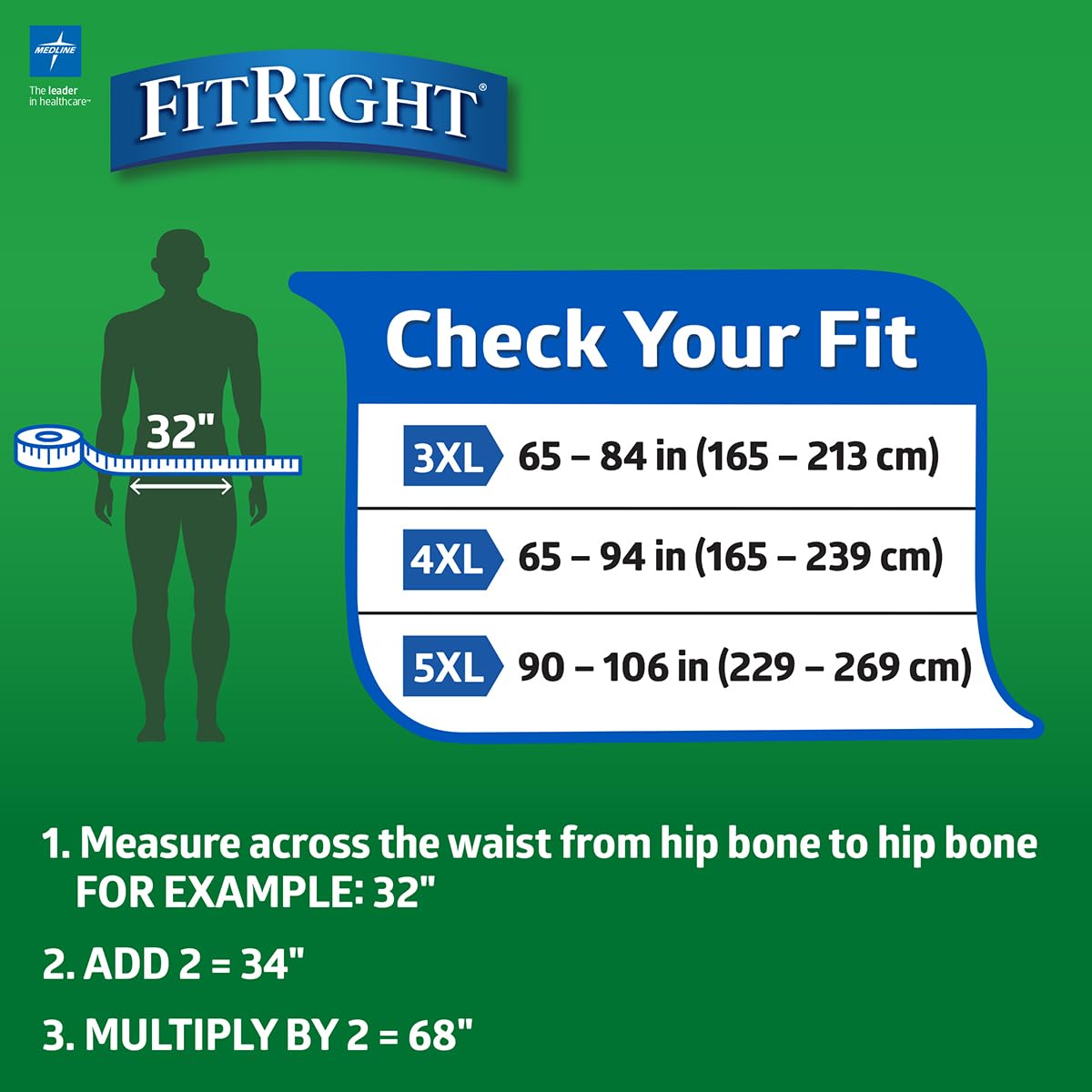 Medline FitRight Incontinence Diapers, Specialty Size Adult Diapers, For Men And Women, Maximum Protection, Waist Size 65"–94", 4XL, 8 briefs per bag, 32 briefs per case