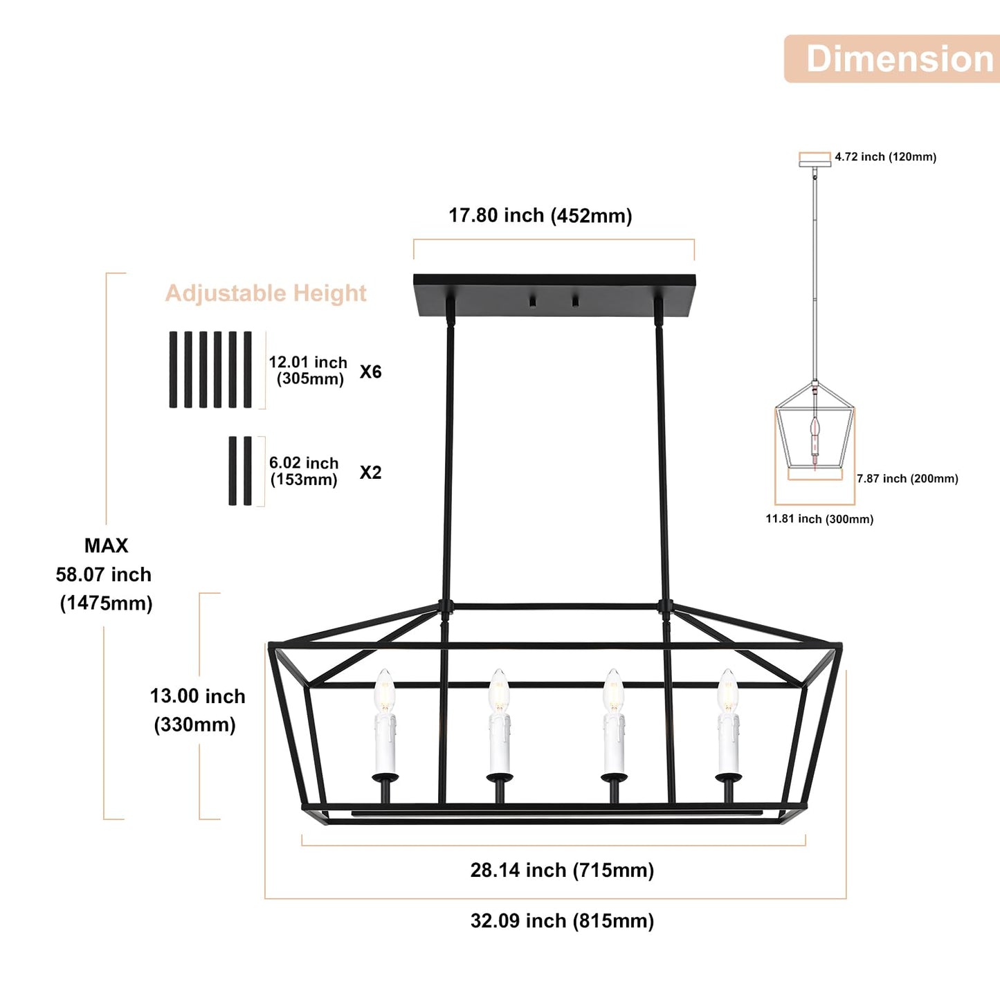 Winshen 4-Light Kitchen Island Lighting  Modern Black Dining Room Chandelier Over Table Pendant Light Fixture  E12 Bulb Base