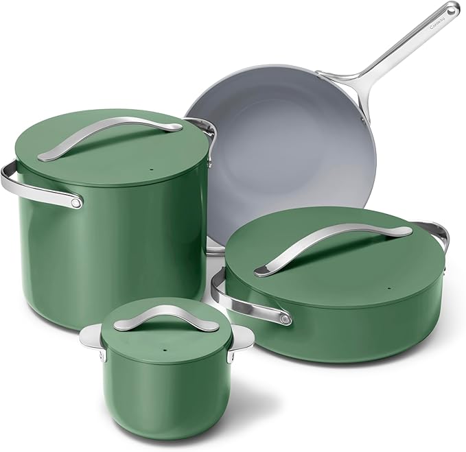 Caraway Cookware+ Collection - Specialty Cookware Set - Petite Cooker, Stir Fry Pan, Rondeau, & Stock Pot - 3 Lids & Storage Organizer Included - Sage