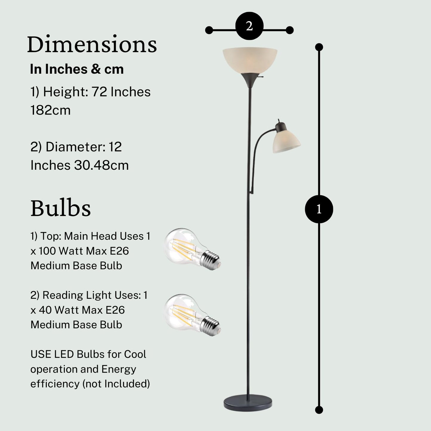 Lightaccents Adjustable Floor Lamp, 72 Modern Reading Light, Black Metal, Model 6280-21 For Living Room, Bedroom, Office