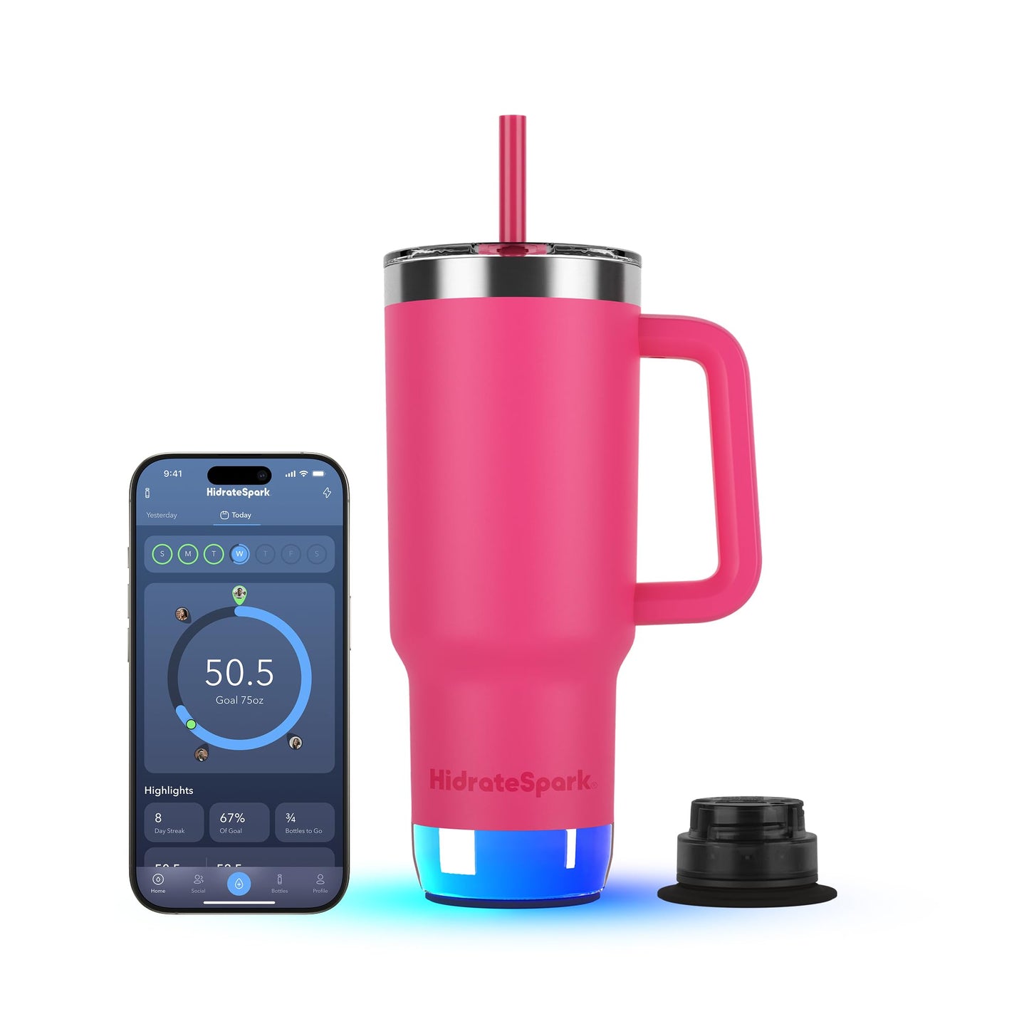 Hidrate Spark PRO 2 Smart Tumbler – 30 oz Insulated Stainless Steel, Tracks Water Intake, Glows & Beeps For Drink Reminder, Bluetooth Sync to App, Straw Lid, BPA-Free, Flamingo (with Apple Find My)
